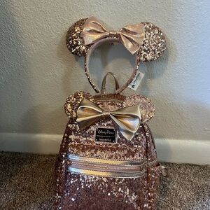 OG 2018 Loungefly Rose Gold Sequin Minnie Ear Mini Backpack & Headband Set